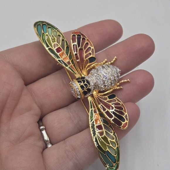 Joan Rivers Plique-a-Jour Stain Glass Cicada Bug Crystal Signed Pin Brooch - Picture 2 of 6